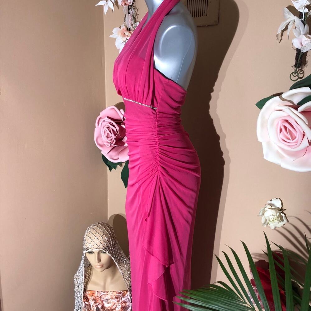 Dress Pink halter with rhinestones and ruffle side netted sheer